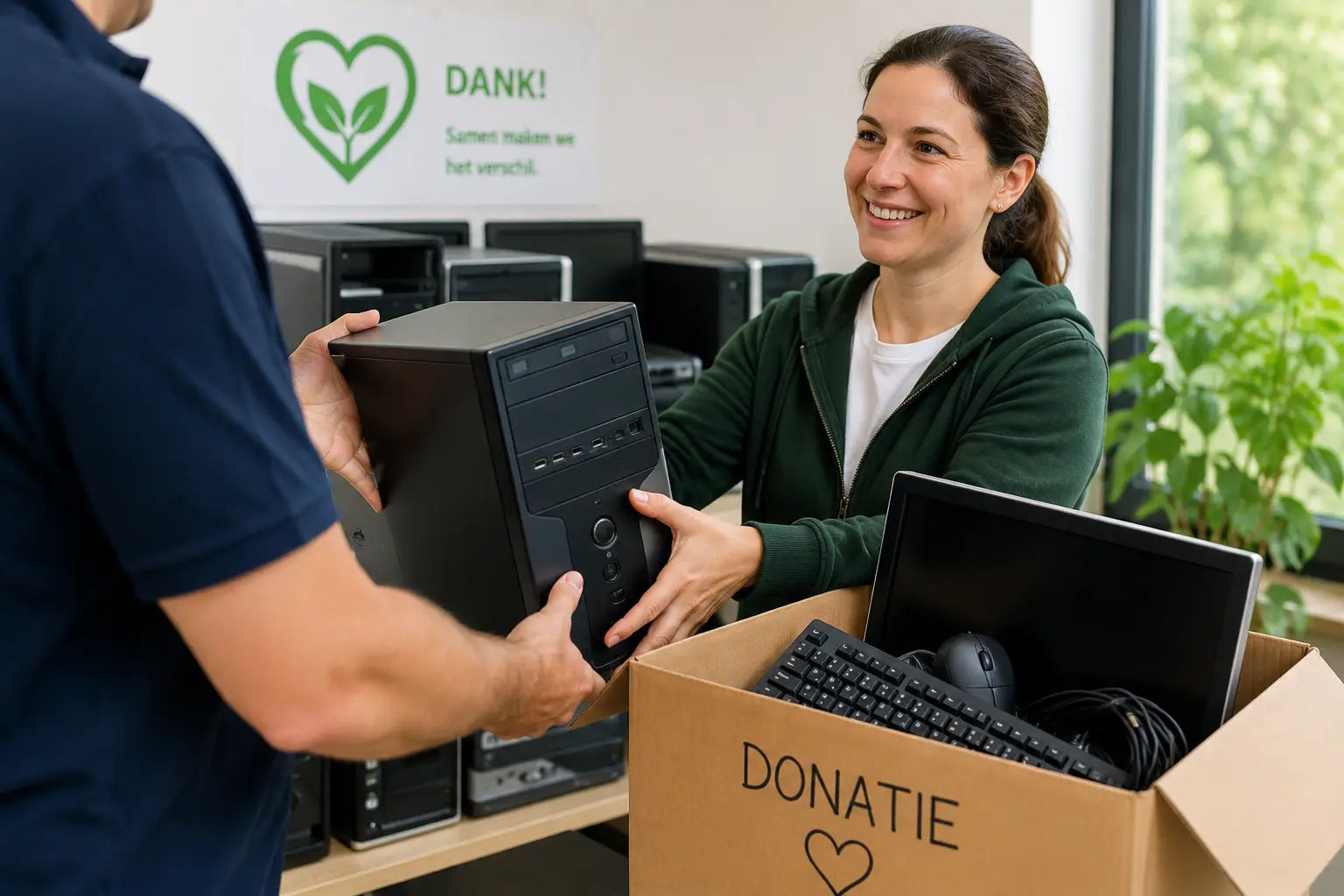 Computer wordt gedoneerd aan een goed doel voor hergebruik van computerapparatuur.