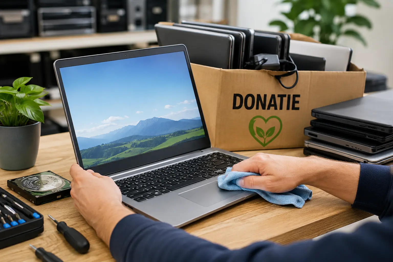 Laptop wordt schoongemaakt en voorbereid voor hergebruik en donatie door Computer Service Noord.