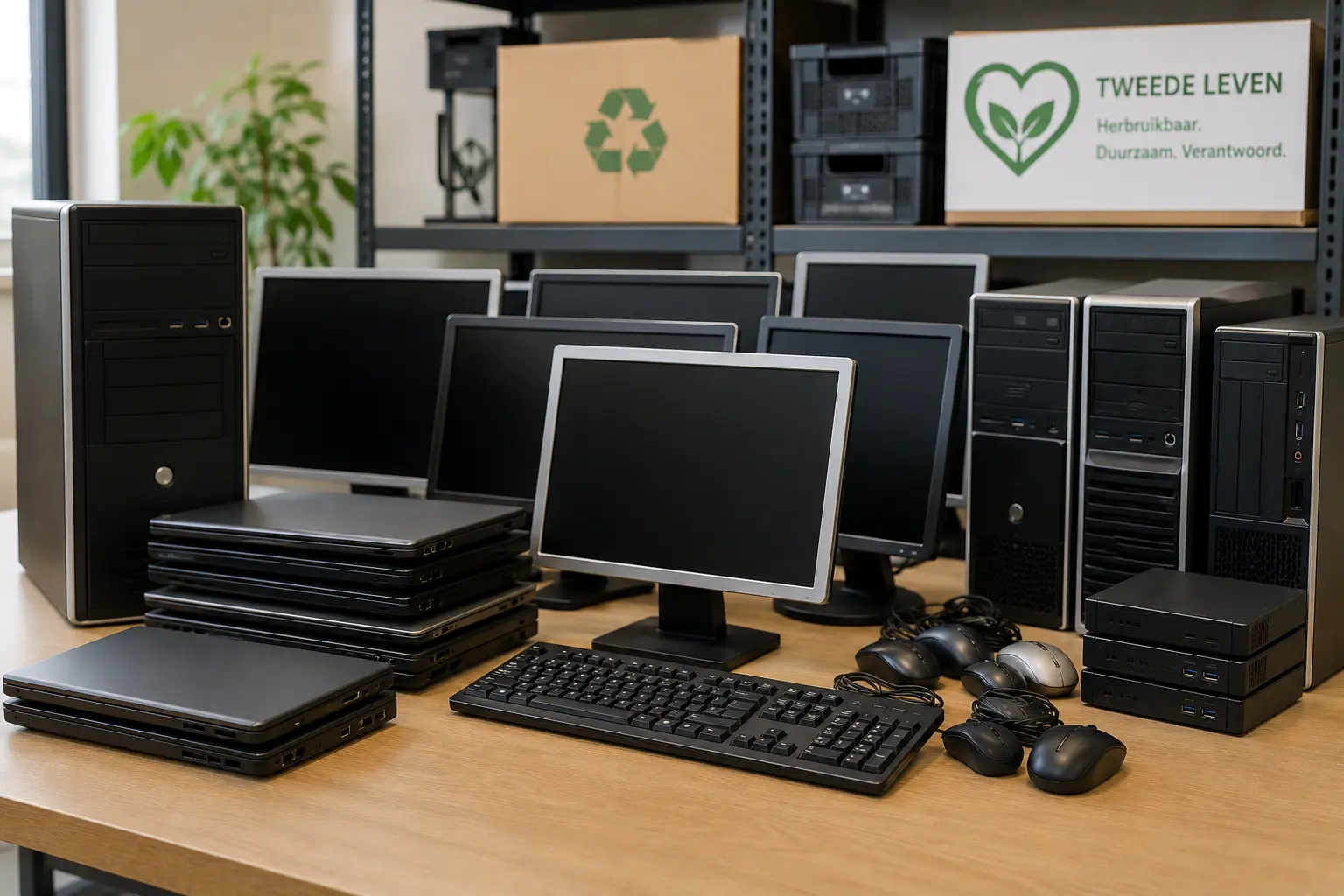 Gedoneerde computers, laptops en monitoren gereed voor hergebruik of donatie.