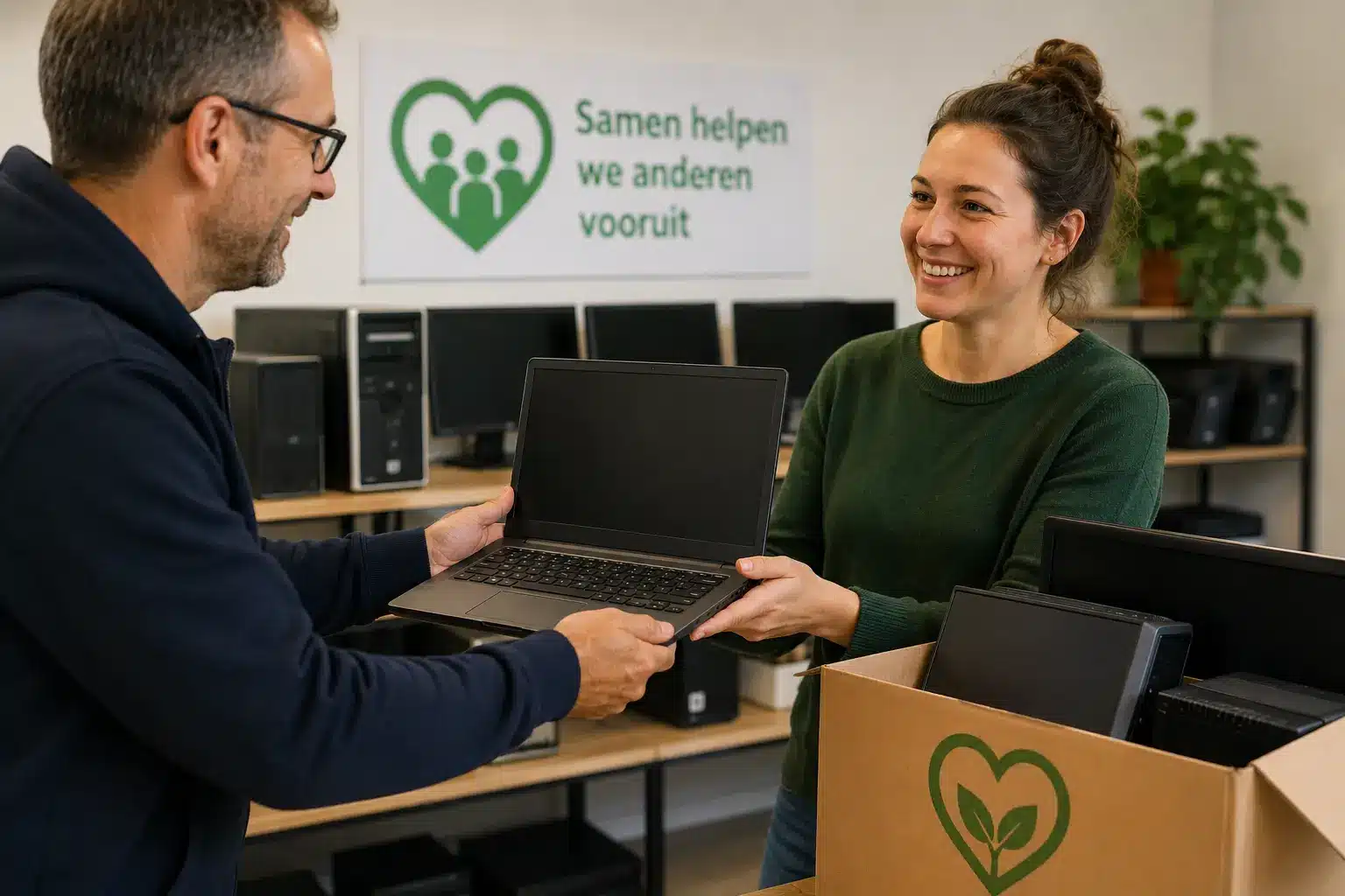 Laptop wordt gedoneerd voor hergebruik door een maatschappelijke organisatie.