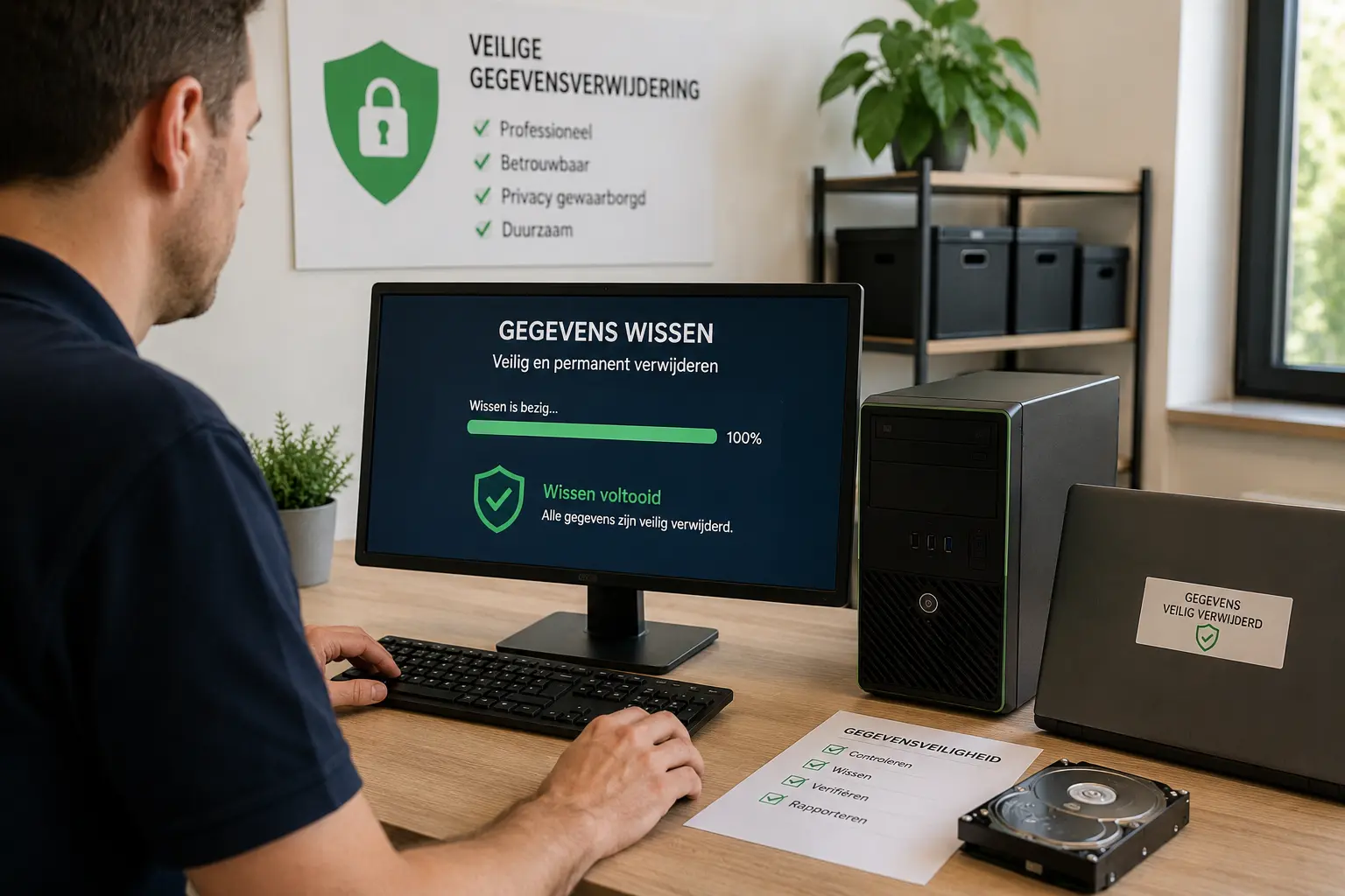 Professionele gegevensverwijdering van computer voordat deze wordt gedoneerd of hergebruikt.
