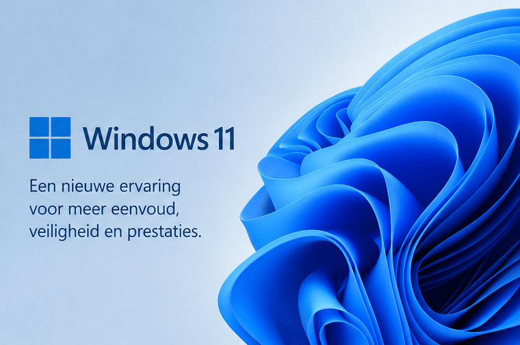 Moderne werkplek met Windows 11 en Nederlandse tekst over de nieuwe gebruikerservaring.