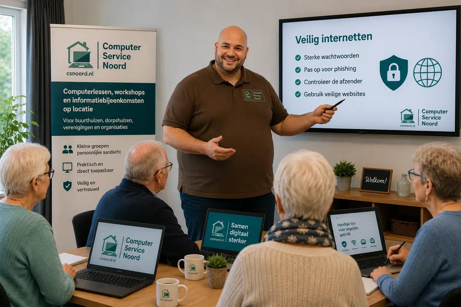 Computerlessen op locatie door Computer Service Noord (CS Noord) voor een kleine groep deelnemers in Westerkwartier en Noordenveld.