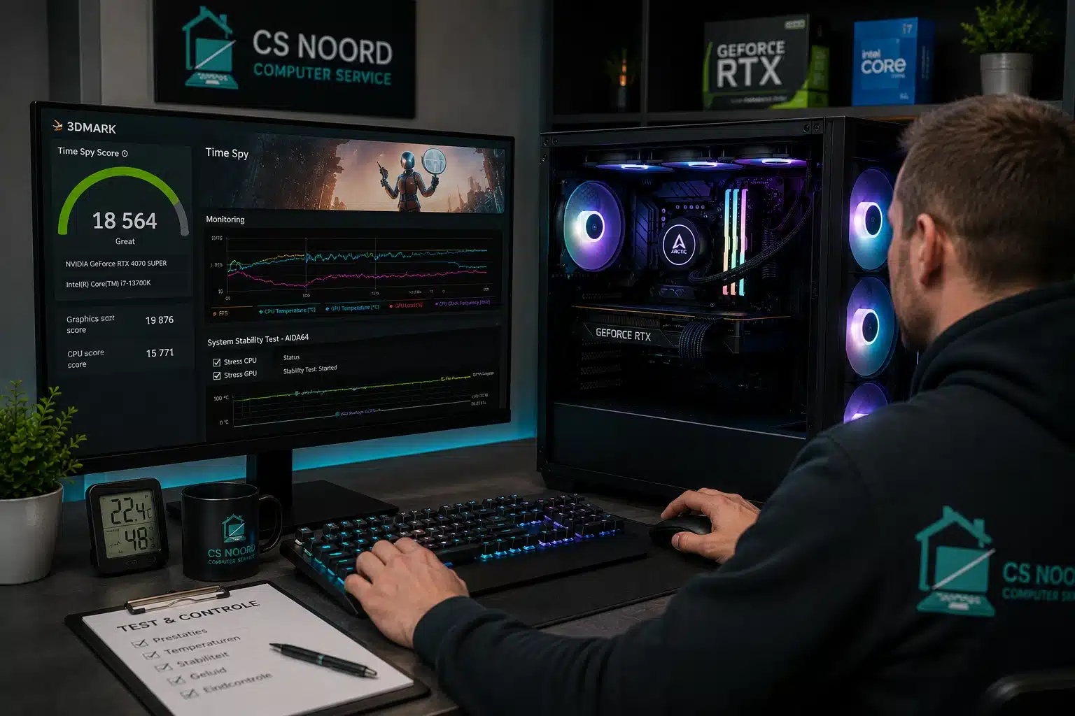 Gaming PC wordt uitgebreid getest op prestaties, stabiliteit en temperaturen door Computer Service Noord