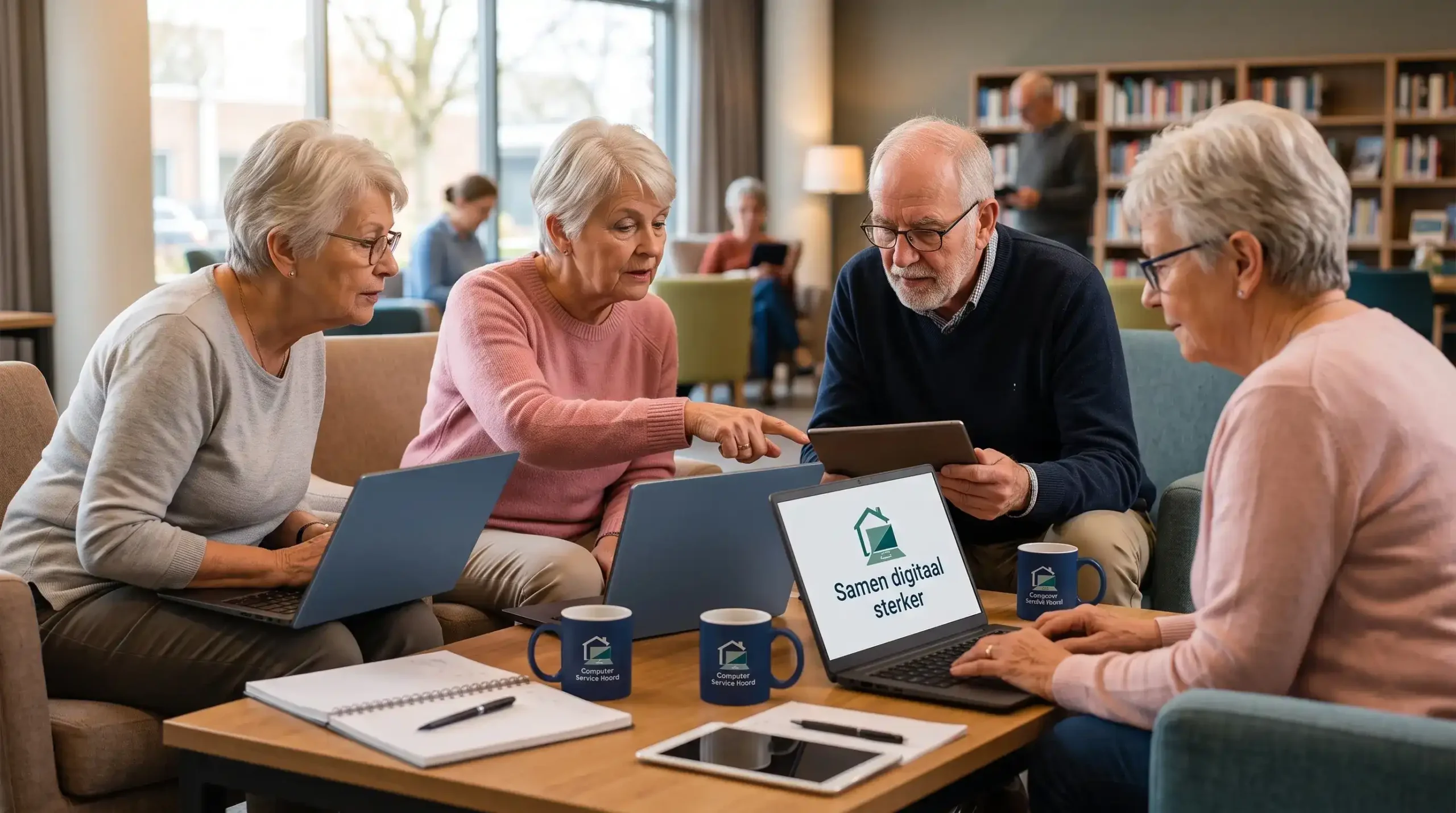 Computerlessen op locatie door Computer Service Noord (CS Noord) voor een kleine groep deelnemers in Westerkwartier en Noordenveld.