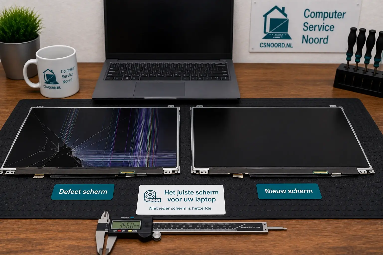 Nieuw schermpaneel naast gedemonteerde laptop voor vervanging