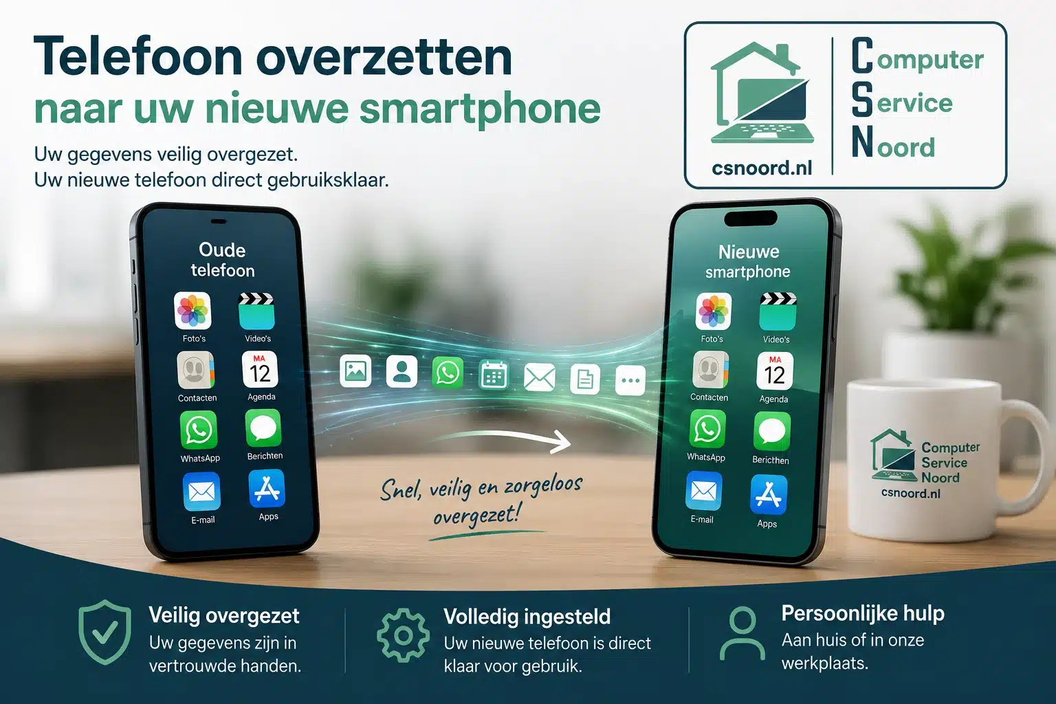 Telefoon overzetten van een oude naar een nieuwe smartphone door Computer Service Noord met veilige overdracht van foto's, contacten, WhatsApp en apps.