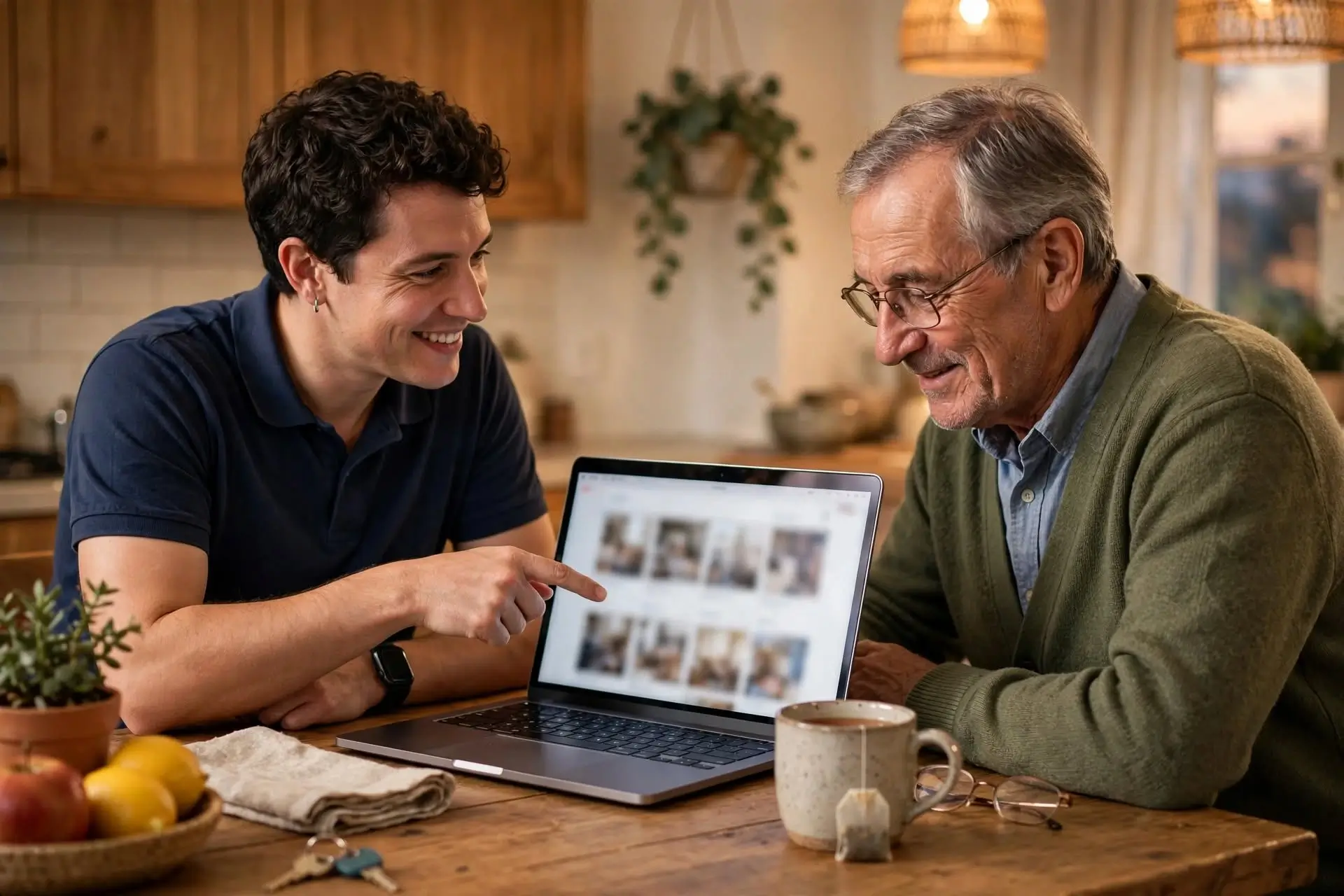 Technicus helpt een oudere klant rustig met zijn MacBook aan de keukentafel