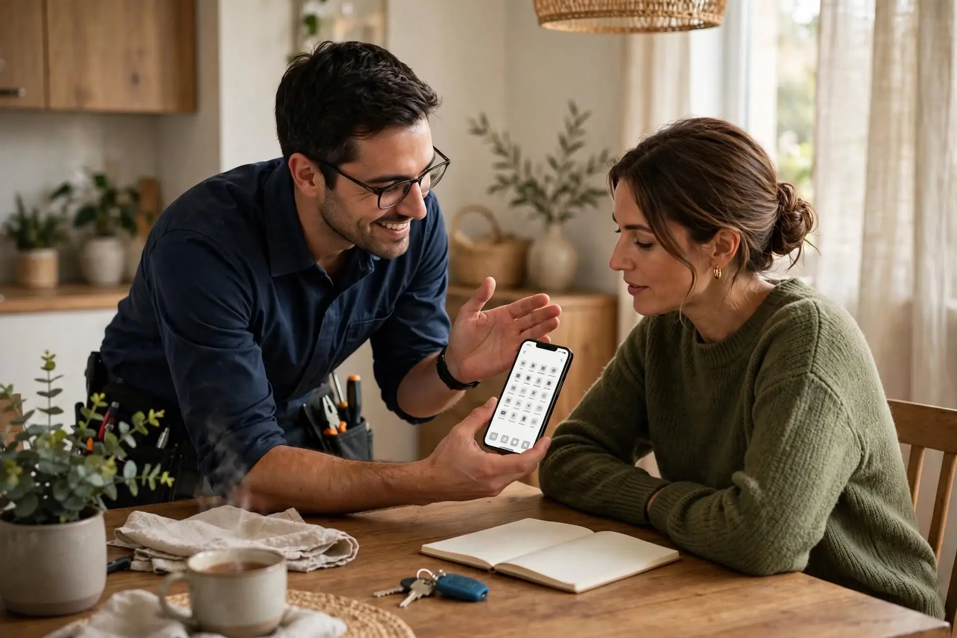 Technicus laat een relatie de instellingen en apps op een smartphone zien