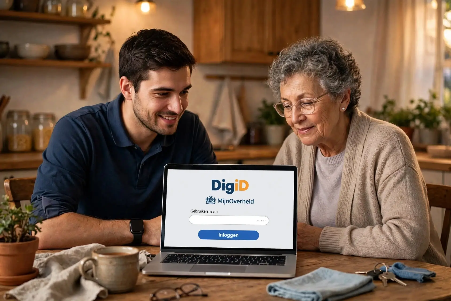 Technicus helpt een oudere relatie met inloggen bij DigiD en MijnOverheid op een laptop