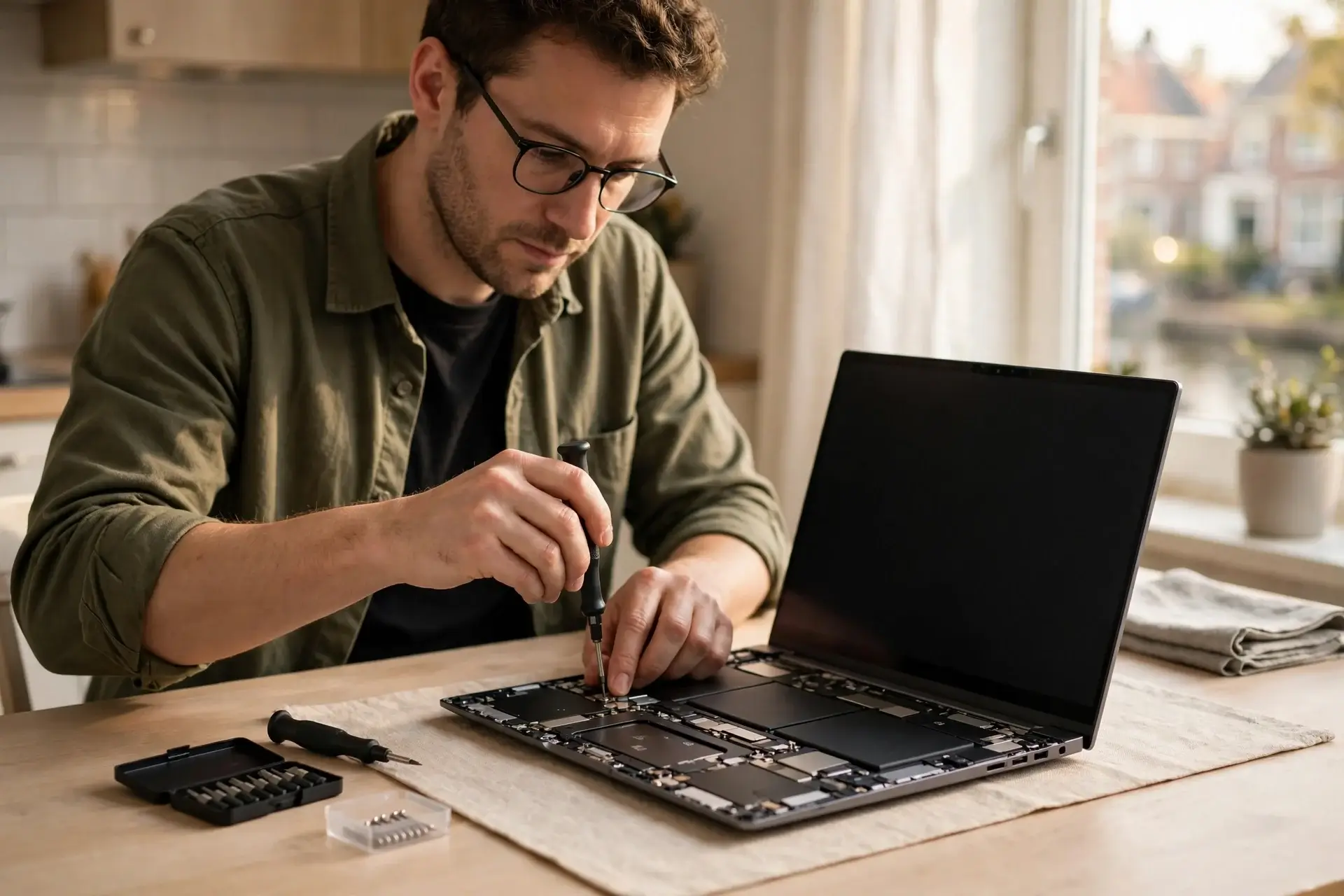 Technicus repareert een laptop aan huis bij een relatie