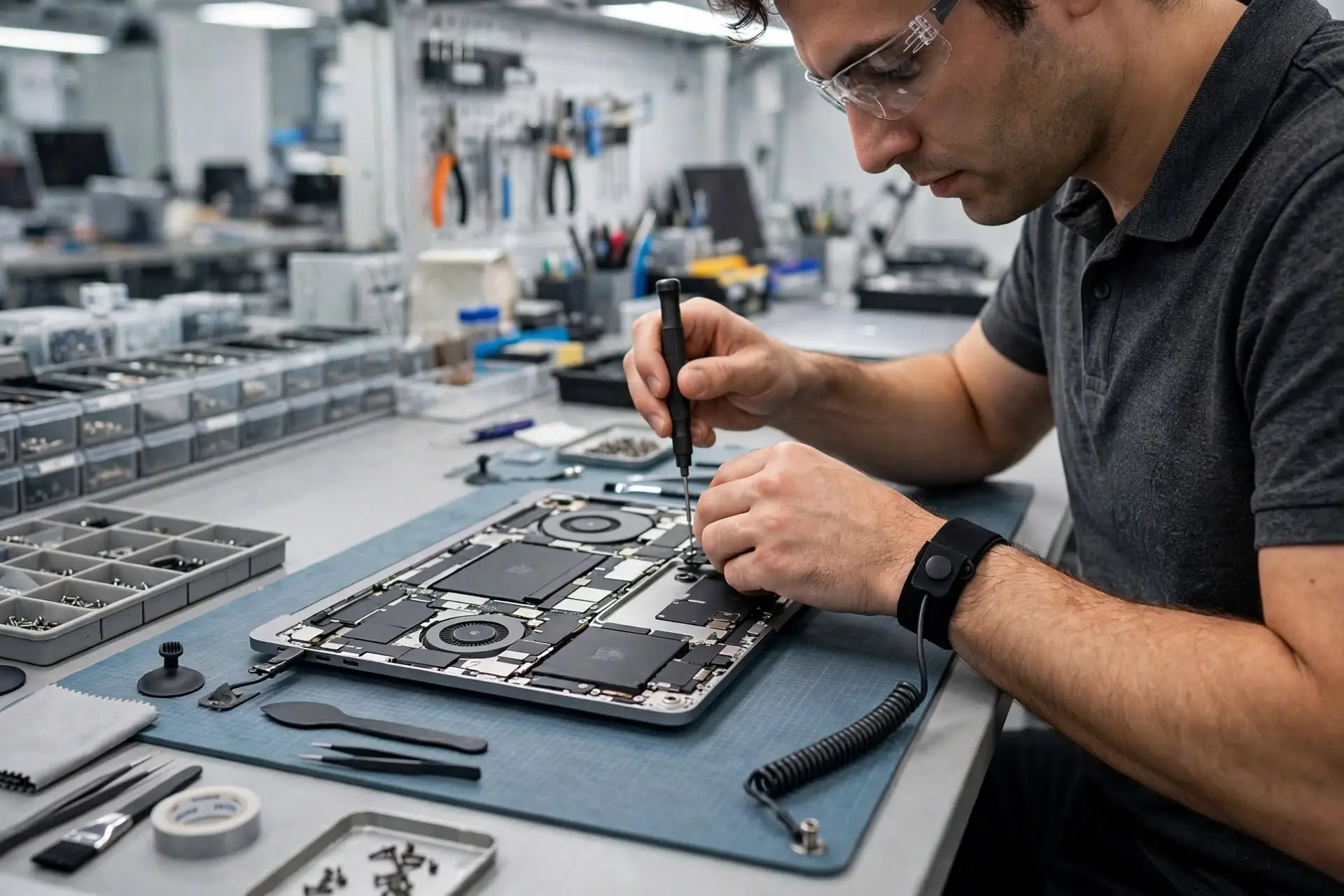 Technicus repareert een MacBook in een antistatische werkplaats bij Computer Service Noord