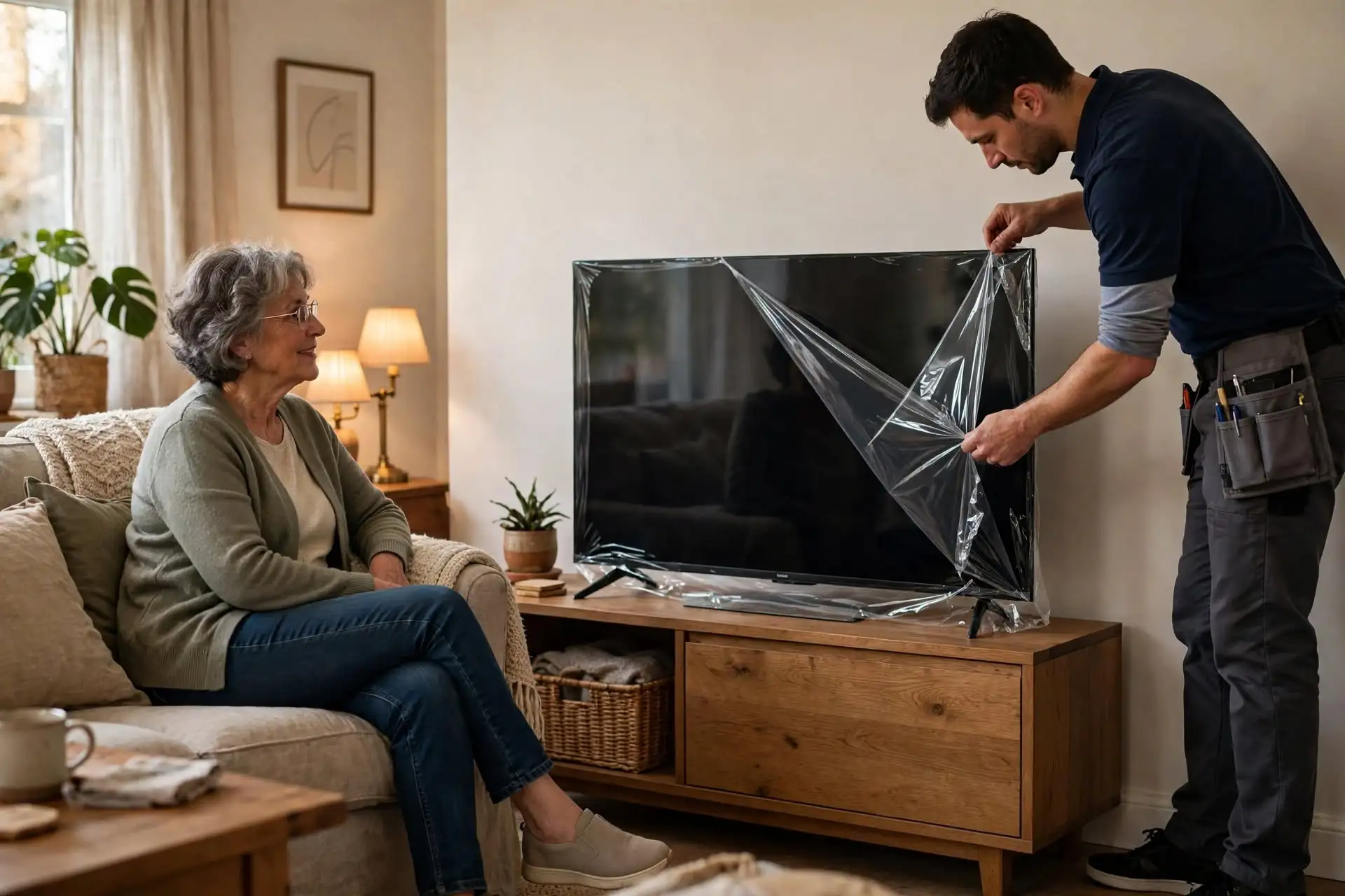 Technicus verwijdert de beschermfolie van een gloednieuwe smart-tv terwijl een relatie toekijkt