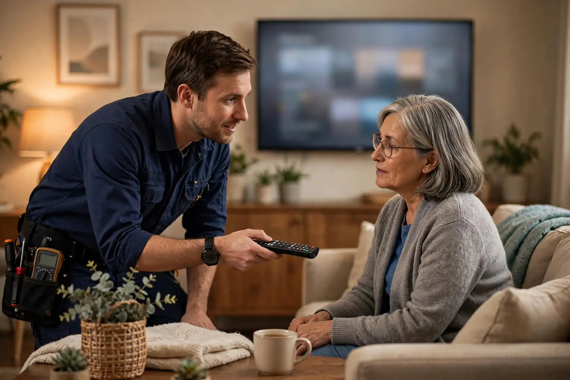 Technicus overhandigt een relatie de afstandsbediening van de smart-tv, met het scherm op de achtergrond