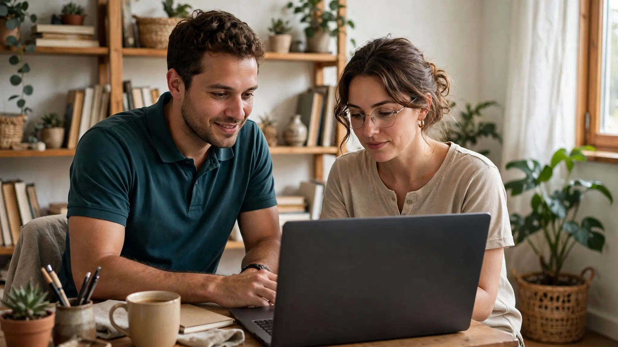 Computerspecialist helpt een ZZP'er met zijn laptop aan een bureau thuis